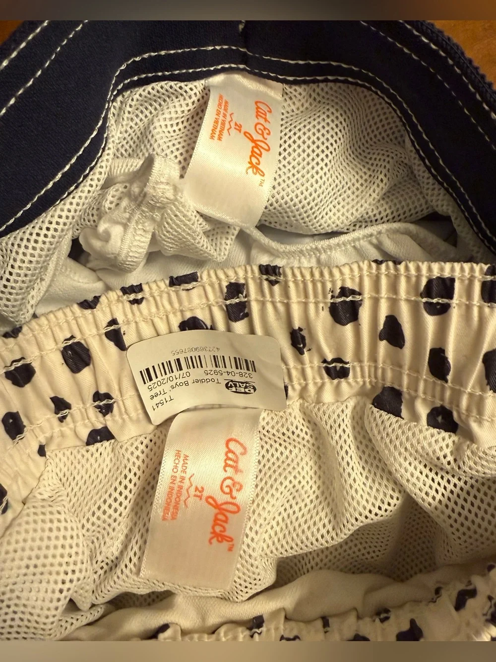 Cat & Jack Navy and White Polka Palm Swim Trunks and American flag bathing suit
